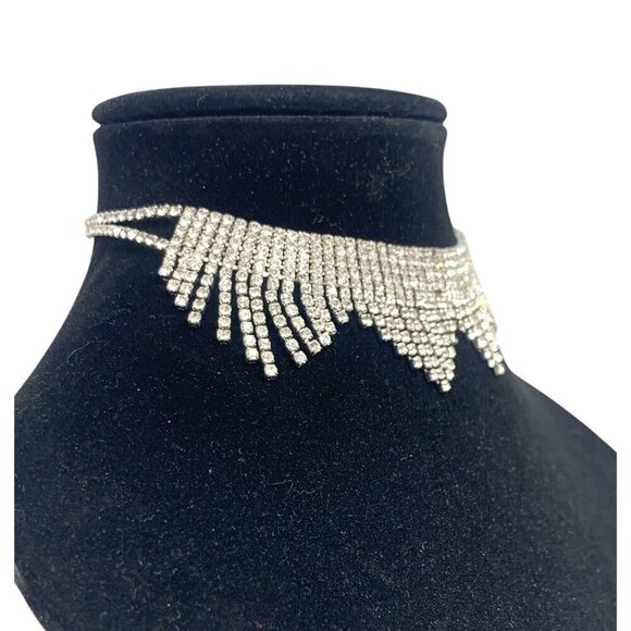 Pave Crystal Cuff Chandelier Necklace Silver & Rhinestones 12.5"L + 3" - Picture 3 of 5